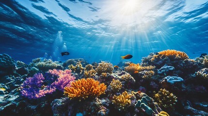 Obraz premium Vibrant Coral Reef: Sunlit Underwater Paradise