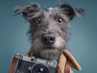 Playful canine portrait holding vintage camera.