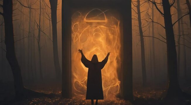 A mysterious, glowing doorway slowly materializing between two trees, with strange symbols swirling on its surface.
