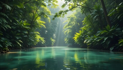 Pristine jungle river in untouched tropical forest, dense foliage, calm water, and light rays. No humans, just pure, wild nature. A serene, high-res ecological scene.