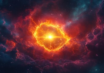 Fiery cosmic vortex in a nebula filled with stars.