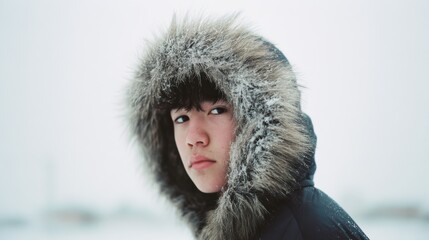 A winter portrait of a young person in a thick, fur-lined coat against a snowy backdrop, capturing the essence of cold weather style.