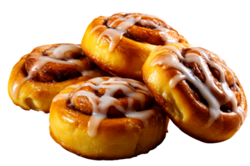 Cinnamon rolls with cream icing on a clear background