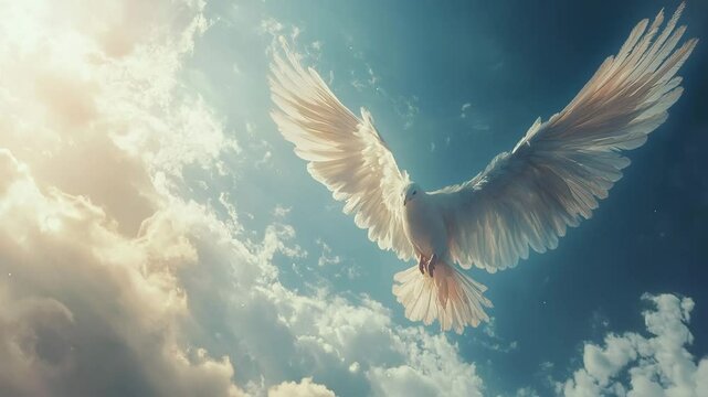 A white dove is flying in the sky with a blue background. Concept of freedom and peace, as the dove is often associated with these qualities. The blue sky and the white dove create a serene