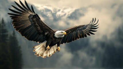 Obraz premium Majestic Bald Eagle in Flight: Dramatic Mountain Landscape