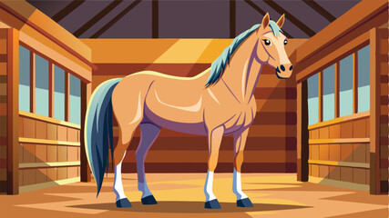 Beautiful brown horse standing in a vibrant, sunlit stable with wooden beams and a warm atmosphere, showcasing its sleek coat and lively expression in a colorful vector illustration