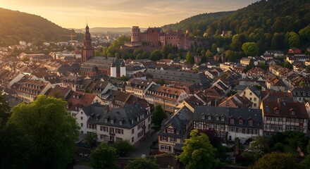 Fototapeta premium Aerial View of European City with Castle and Tower at Sunset