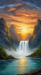 Fototapeta premium Majestic waterfall cascade serene mountain landscape digital painting vibrant environment captivating viewpoint nature illustration for tranquil home decor