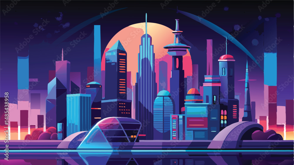 Aufkleber vector clipart showcasing a futuristic city skyline during twilight with vibrant colors and distinct