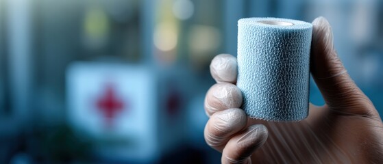 Doctors gloved hand holding blue elastic bandage wrap in hospital Concept of first aid, wound care, and medical supplies