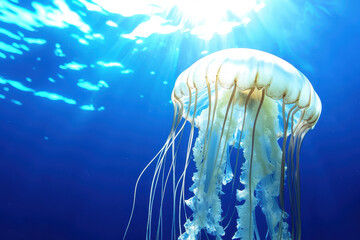 Glowing jellyfish gracefully floating in deep blue ocean waters, illuminated by sunlight, creating serene atmosphere