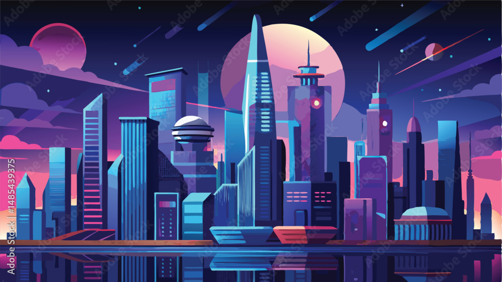 Aufkleber vector clipart showcasing a futuristic city skyline during twilight with vibrant colors and distinct