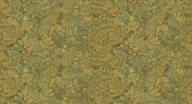 Elegant Olive Green and Gold Paisley Pattern Seamless Texture Background
