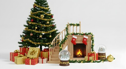 Festive Christmas Scene Decorated Tree, Fireplace, Gifts, and Snow Globes – Perfect for Holiday Cards and Festive Designs