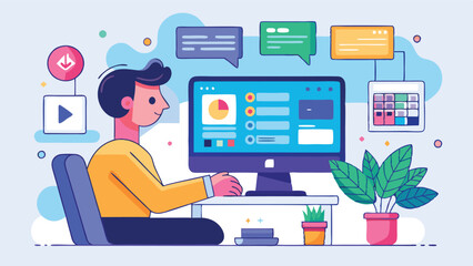 Obraz premium Creative workspace with a young person using a laptop while analyzing data and managing projects in a modern office setting