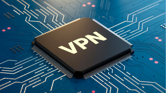 A close-up macro photograph of a black computer processor with VPN written in white text on its surface.