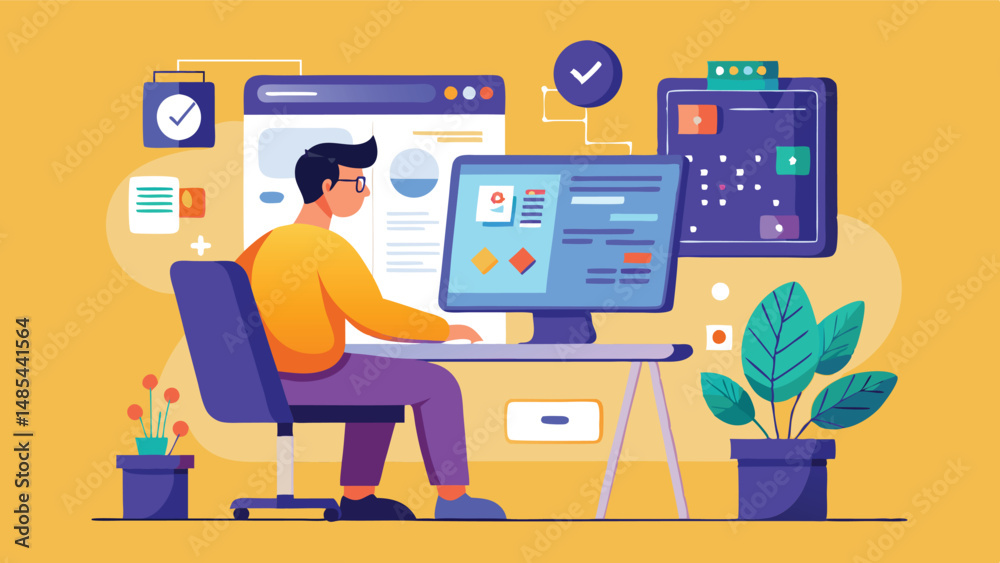 Poster Digital workspace illustration featuring a person using a computer while surrounded by colorful graphics and potted plants in a modern office setting