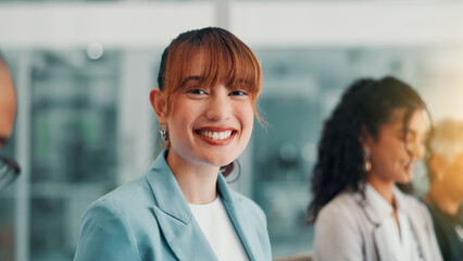 Portrait, smile and business woman in office meeting for workshop, finance and tax consultant...