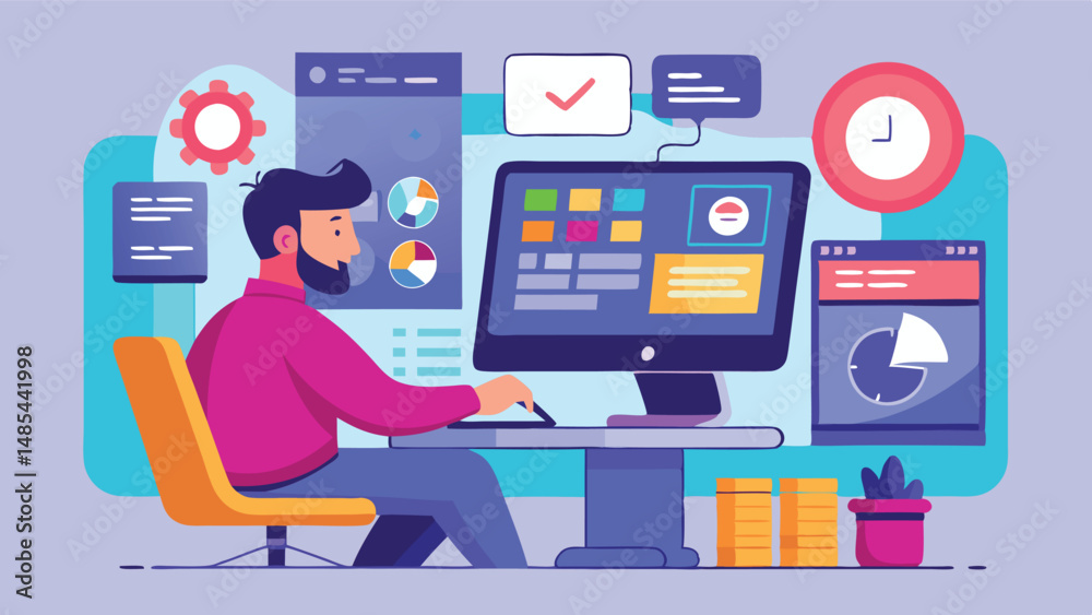 Poster digital workspace illustration featuring a person using a computer while surrounded by colorful grap