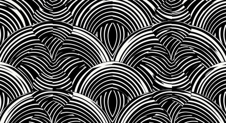 Obraz premium Abstract Black and White Seamless Pattern Graphic Design Element with Interlocking Arcs and Lines for Textile, Wallpaper, and Web Design