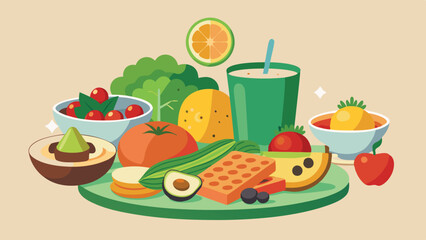 Delicious spread of fresh fruits and vegetables displayed on a green platter with healthy smoothie for a vibrant meal