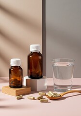 Bottles of nutritional supplements with water and pills on table