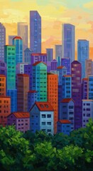 Vibrant cityscape painting illustration at sunset urban environment aerial viewpoint capturing the energy of modern architecture