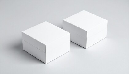Fototapeta premium Mockup of two small elegant white boxes with separate lids on a light gray background. Ideal for displaying jewelery packaging, small gifts or premium retail products.