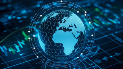 Obraz premium A digital illustration of a glowing blue Earth globe with a hexagonal honeycomb texture overlay, centered against a dark blue technological background.