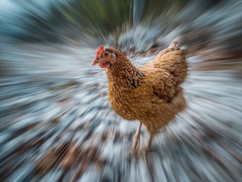 A hen in motion,  blurred background.