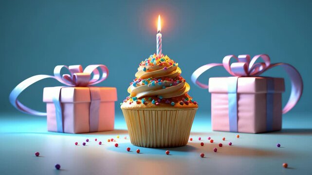 Festive birthday cake with pink candle, colorful sprinkles, and wrapped gift boxes in animated style