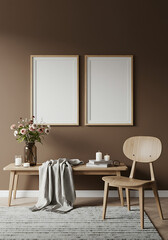 Two blank posters in mockup style in cozy minimalist interior.