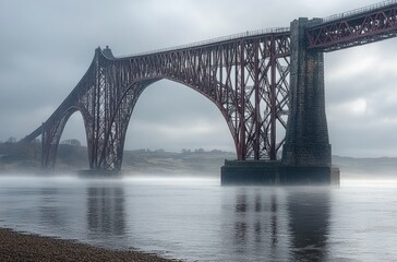 Obraz premium Large red iron arch bridge over calm water with mist and cloudy sky creating a serene and mysterious atmosphere