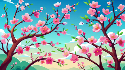 Beautiful pink branches of flowering apricots in the spring against the blue sky. Flowering trees in the spring.