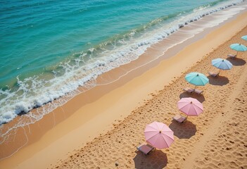 Colorful Beach Umbrellas Along Sandy Shoreline with Turquoise Waves and Sunny Sky, Ideal for Summer Vacation, Relaxation, and Tropical Travel Concepts