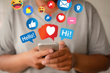 Close-up of Person Holding Smartphone with Floating Social Media Reactions, Showing Likes, Comments, and Notifications, Perfect for Social Media, Digital Communication, and Engagement Illustrations.
