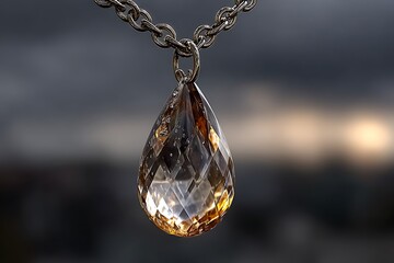Amber pendant hangs on silver chain