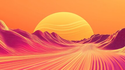 Abstract surreal planetary landscape featuring vibrant gradient and linear textures