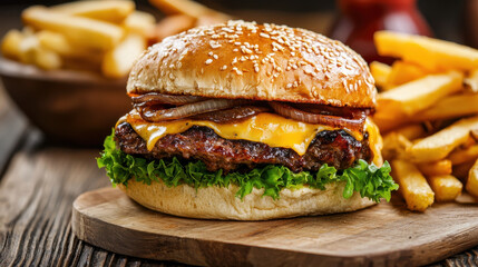 Juicy cheeseburger with lettuce, onions, and fries on wooden board, evoking delicious and satisfying meal experience