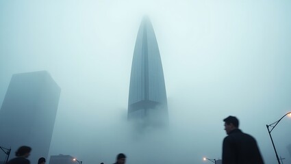Obraz premium Modern skyscraper emerging from dense fog with silhouetted figures in urban setting