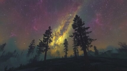 Silhouetted Trees Against a Vibrant Milky Way Galaxy