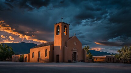 Sunset Illumination of Adobe Mission Church: Dramatic Southwestern Landscape