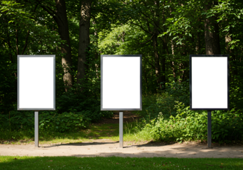 Blank white posters on stands against forest backdrop