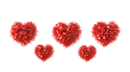 Five Clusters of Red Hearts Isolated on Transparent Background for Love, Romance, and Valentine’s Day Design Concepts