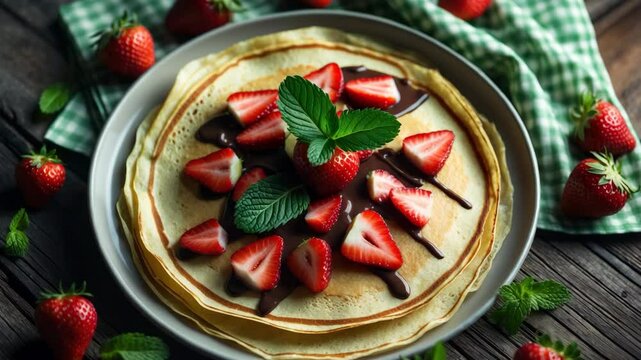 Strawberry and chocolate topped pancakes, decorated with a mint leaf.