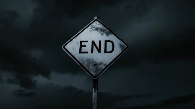 Black and white footage of a diamond-shaped road sign displaying the word End, contrasted with a tumultuous cloudy sky with lightning.