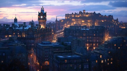 Obraz premium Edinburgh Twilight: A Cityscape of Charm and Gothic Grandeur
