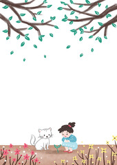  toddler girl and cat playing in the garden