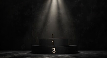 Dark, dramatic podium with spotlights, showcasing a winner's stand