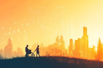Fototapeta premium Silhouette of person in wheelchair and walking companion at sunset cityscape
